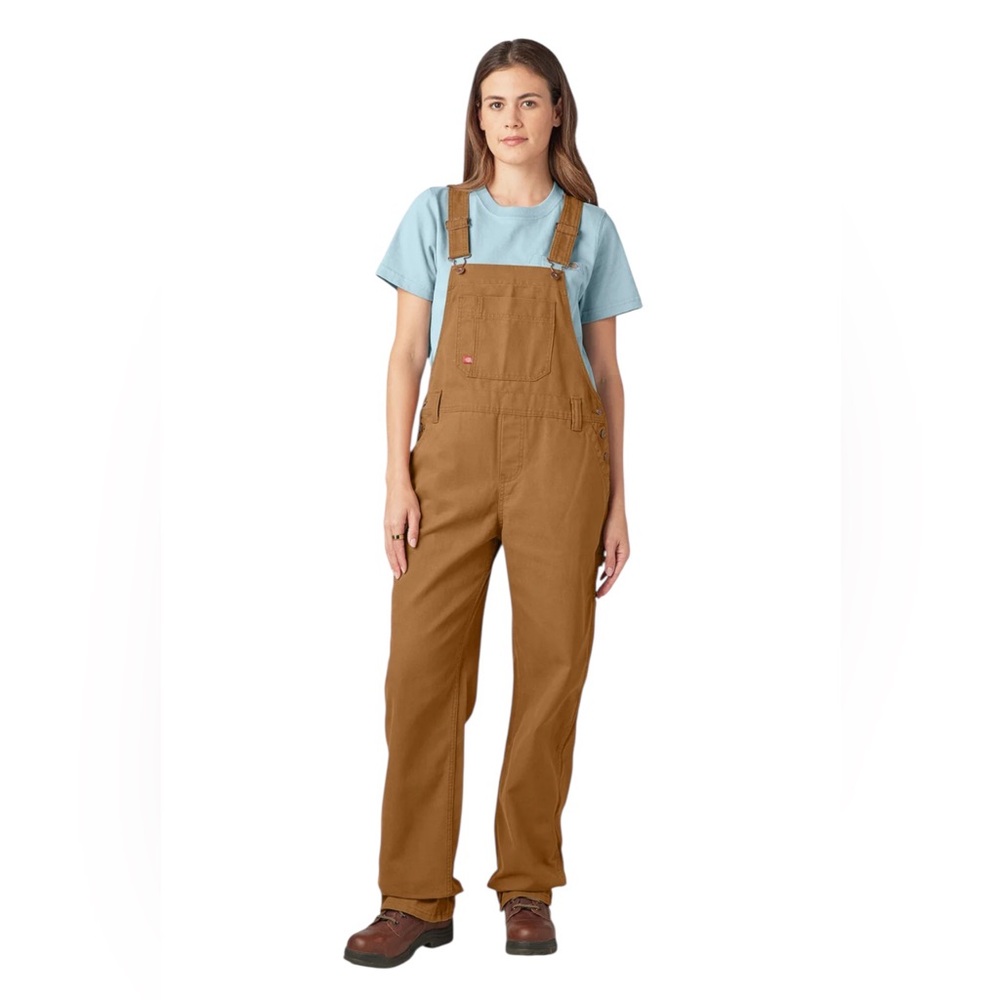 Dickies Brown Women's Canvas Overalls with Light Blue T-Shirt